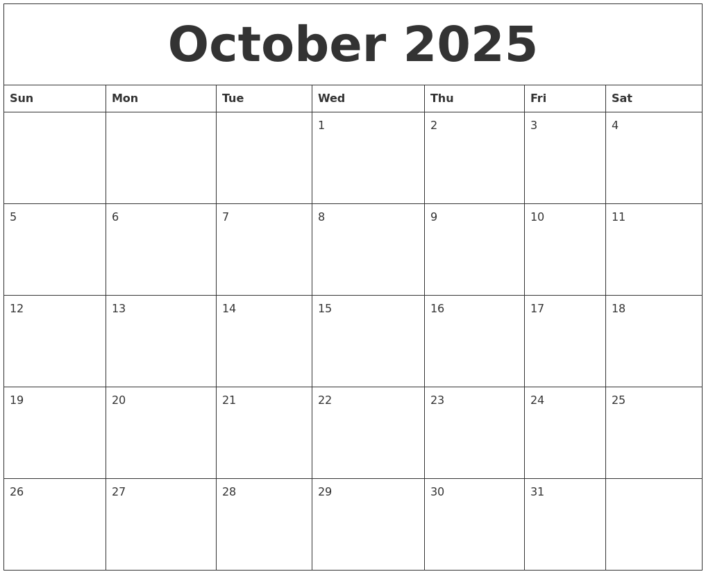 October 2025 Calendar Templates Free