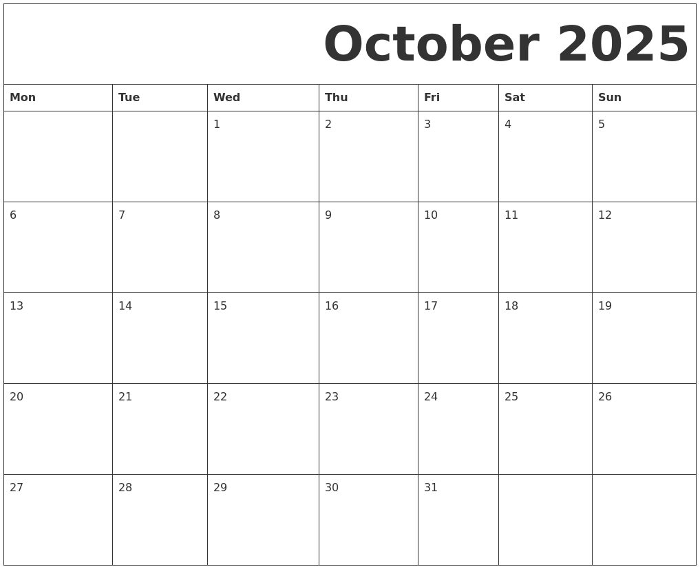 October 2025 Free Printable Calendar