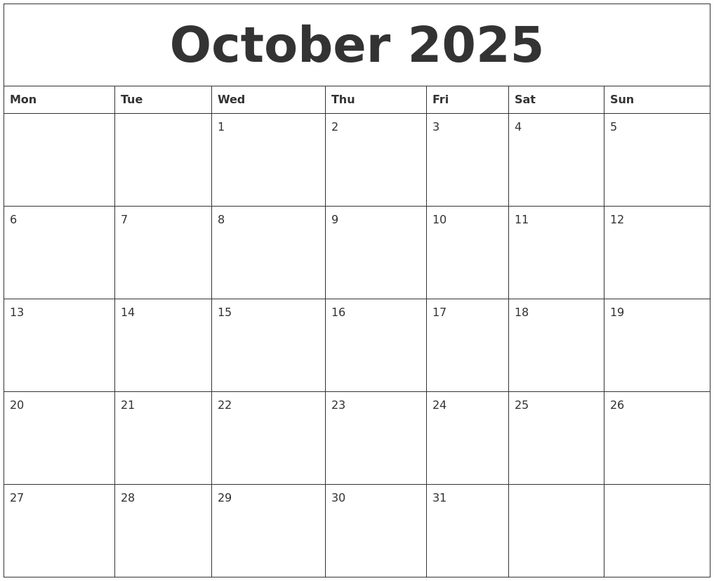 Free Printable 2025 Monthly October 2025 Calendar Free Calendar 2025