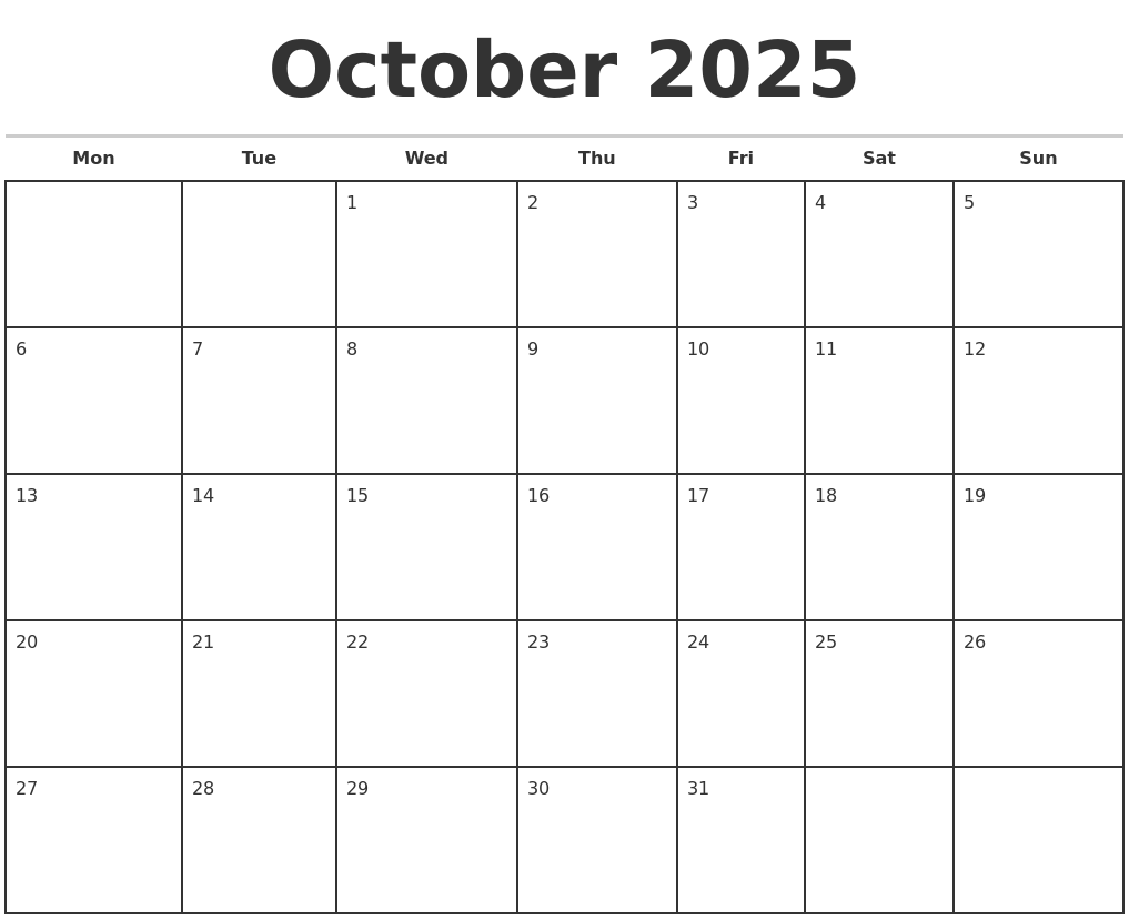 October 2025 Monthly Calendar Template