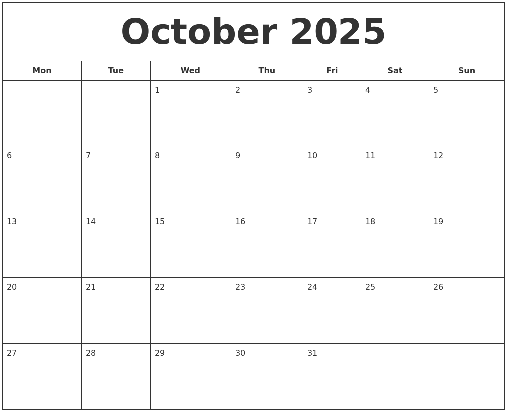 October 2025 Printable Calendar