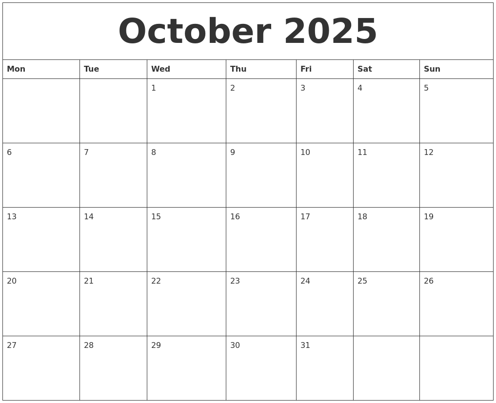 October 2025 Printable December Calendar