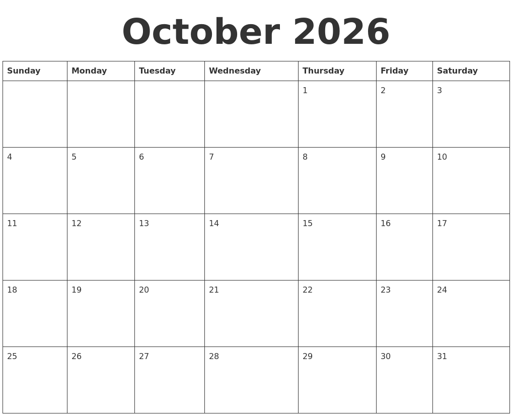 October 2026 Blank Calendar Template