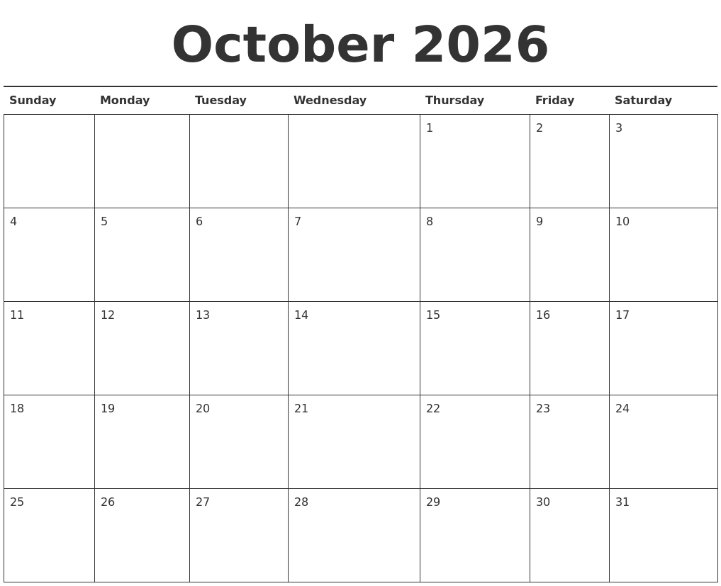 October 2026 Calendar Printable