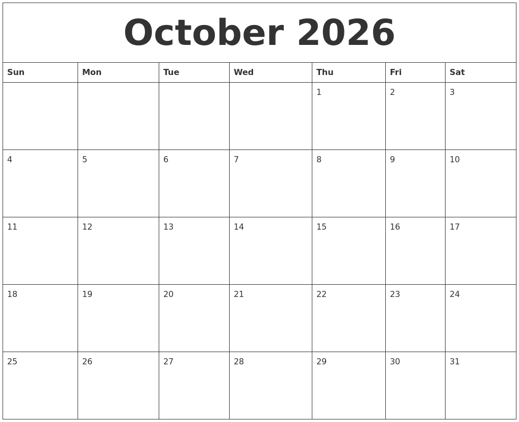 October 2026 Free Printable Monthly Calendar