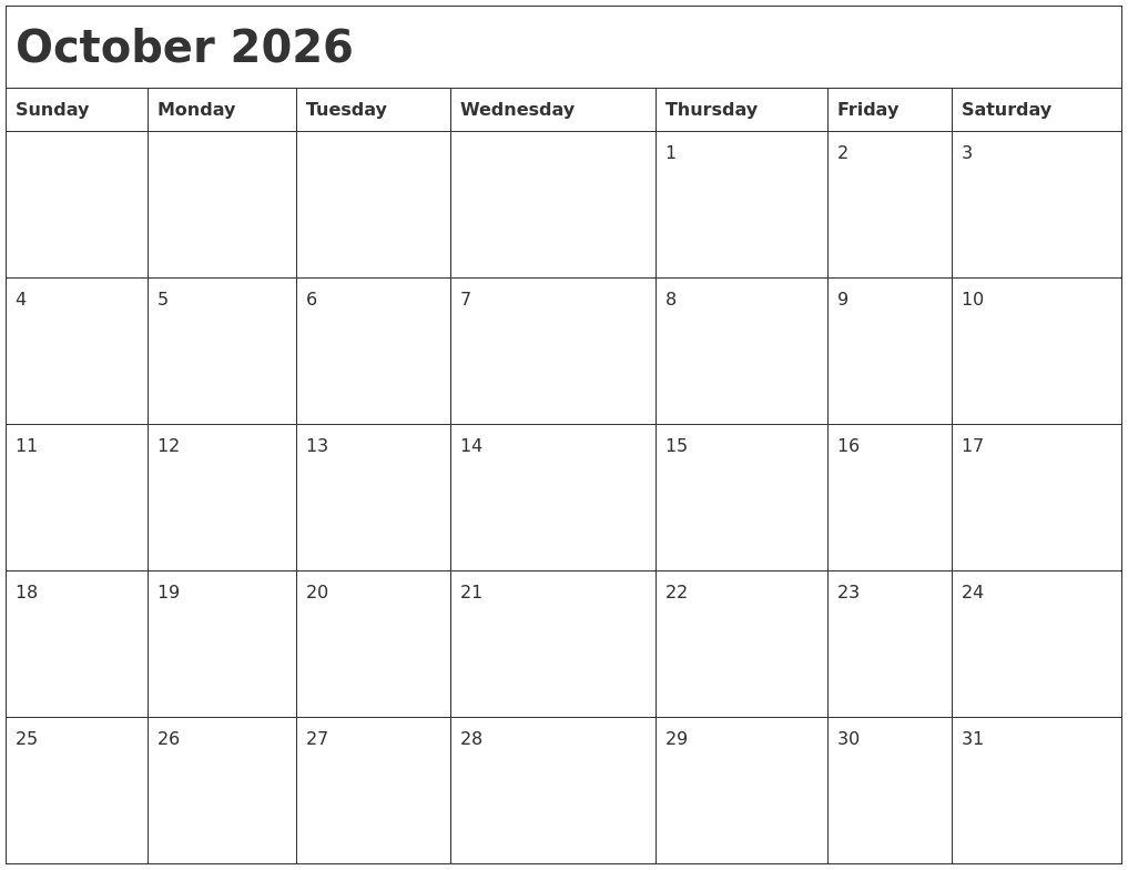 October 2026 Month Calendar