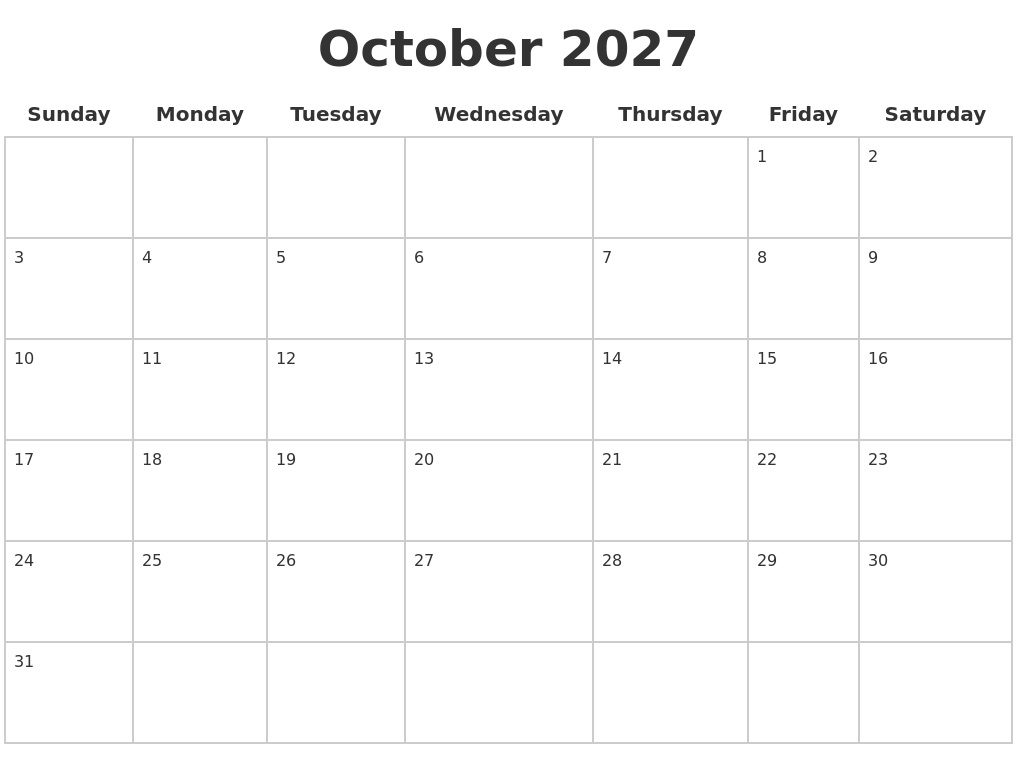 October 2027 Blank Calendar Pages