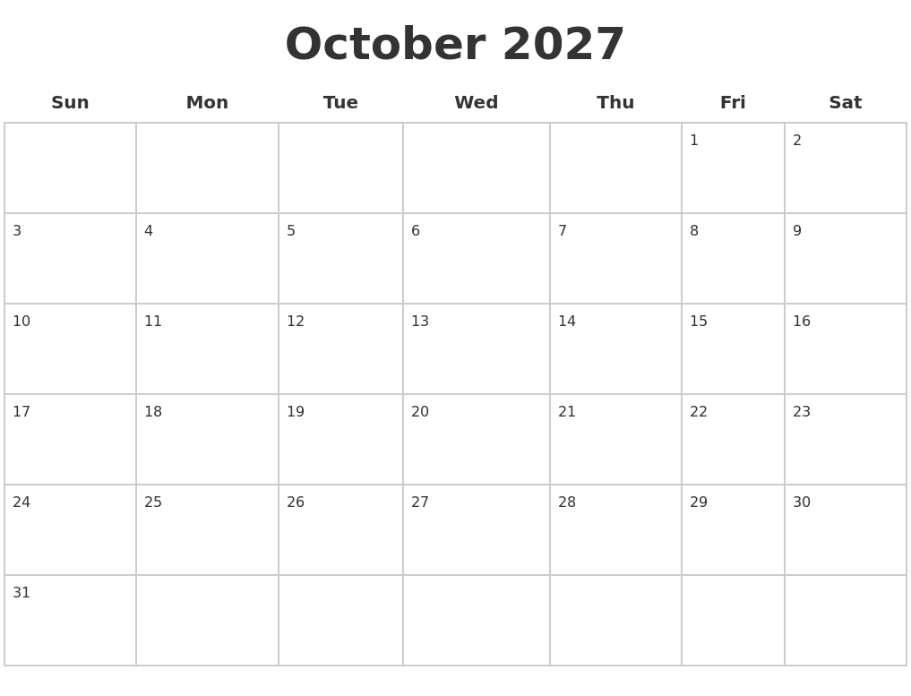 October 2027 Blank Calendar Pages