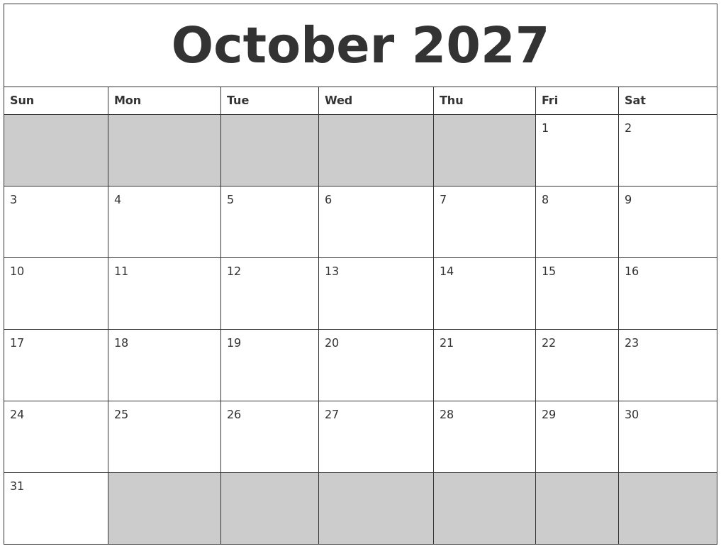 October 2027 Blank Printable Calendar