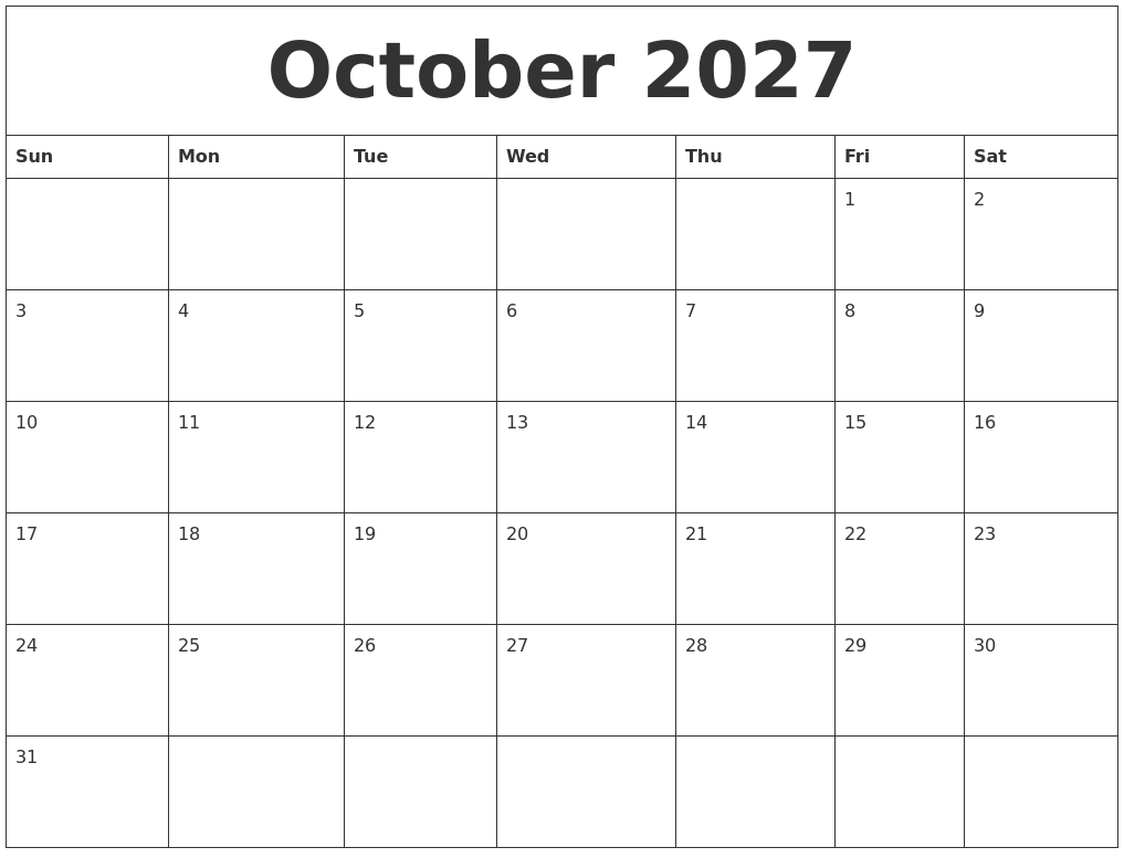 October 2027 Calendar Templates Free