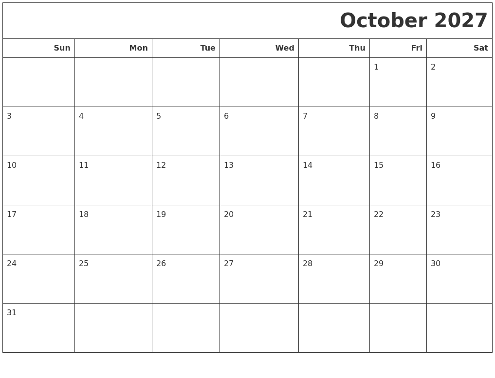 October 2027 Calendars To Print