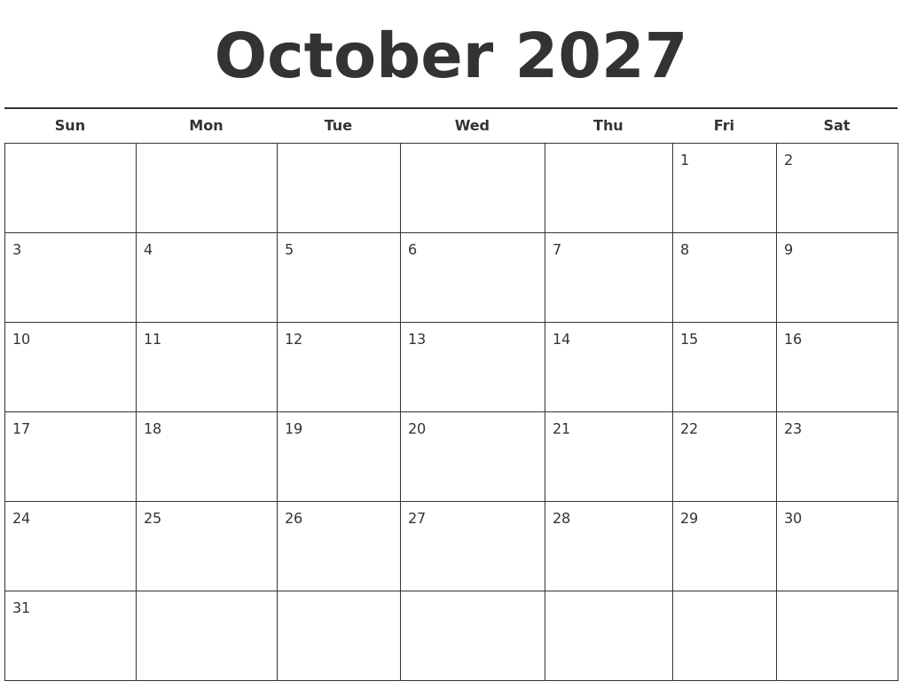 October 2027 Free Calendar Template