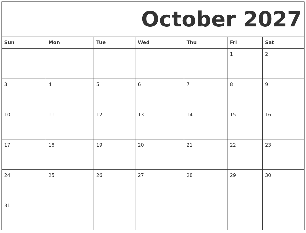 October 2027 Free Printable Calendar