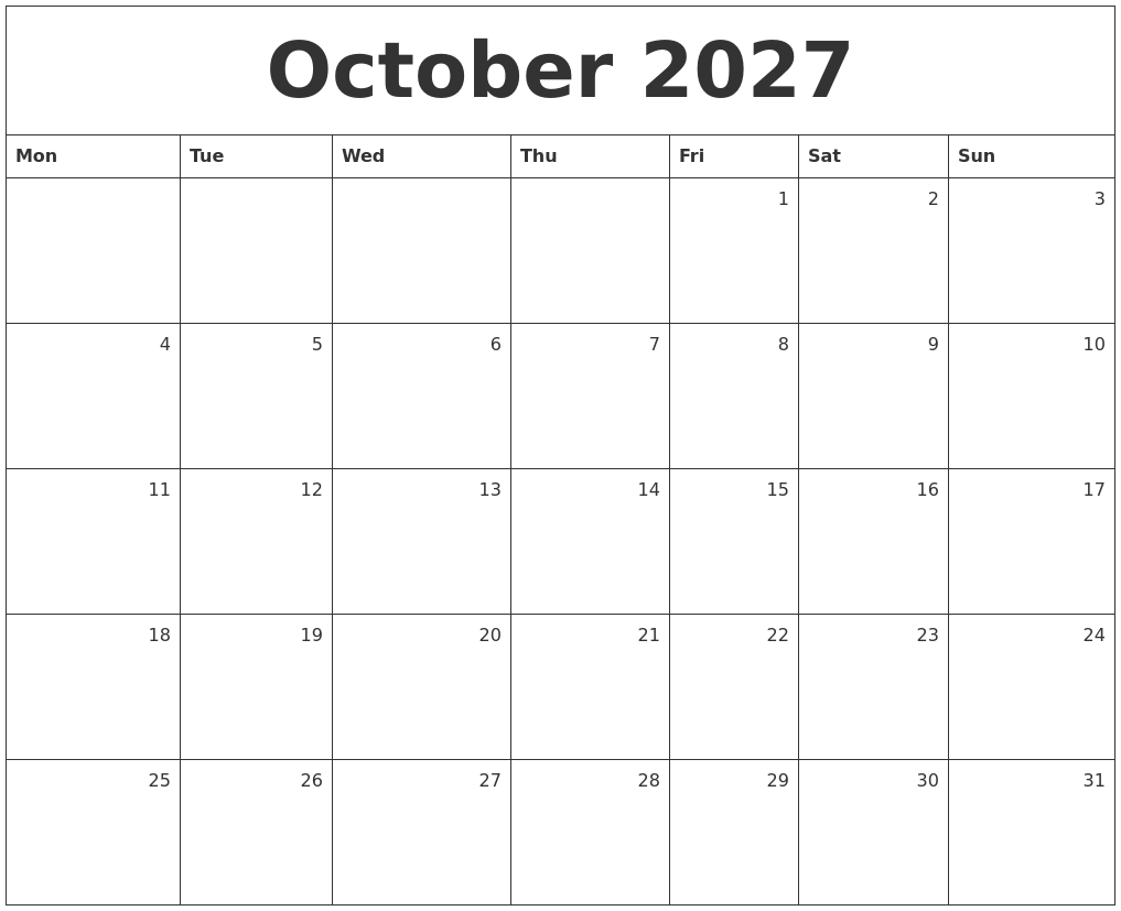 October 2027 Monthly Calendar