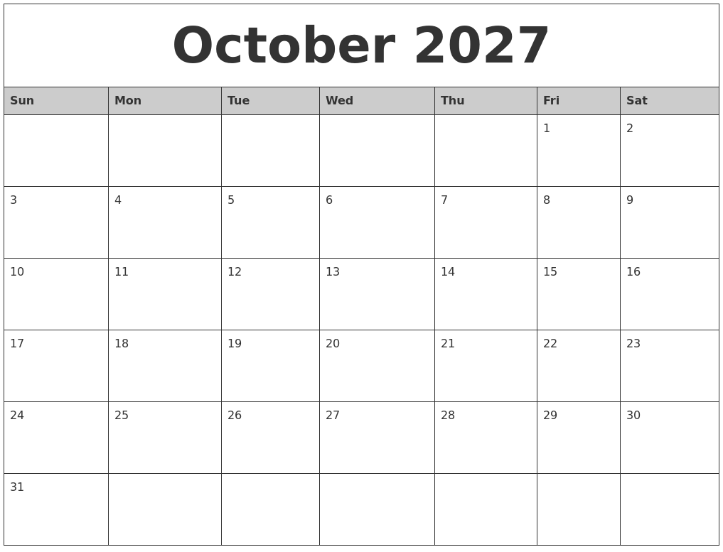 October 2027 Monthly Calendar Printable