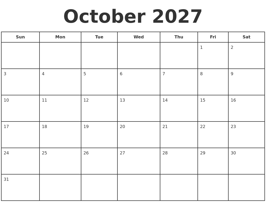 October 2027 Print A Calendar
