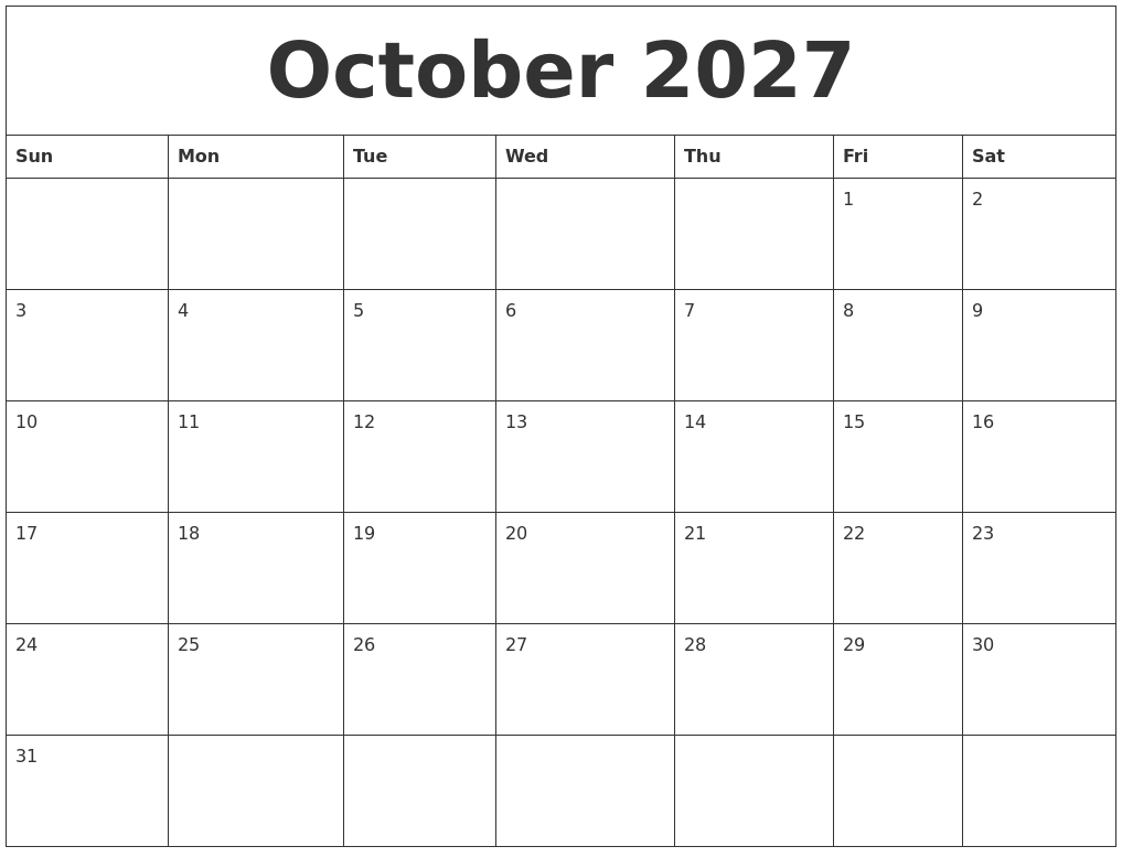 October 2027 Print Out Calendar