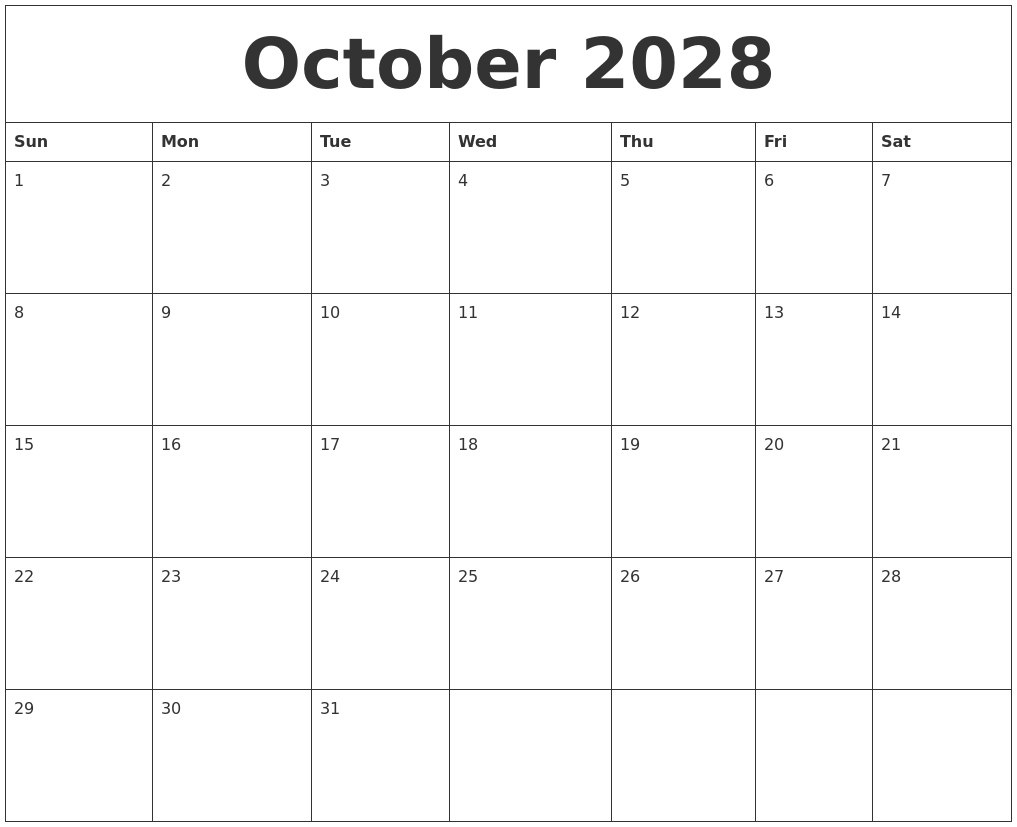 October 2028 Blank Calendar Printable