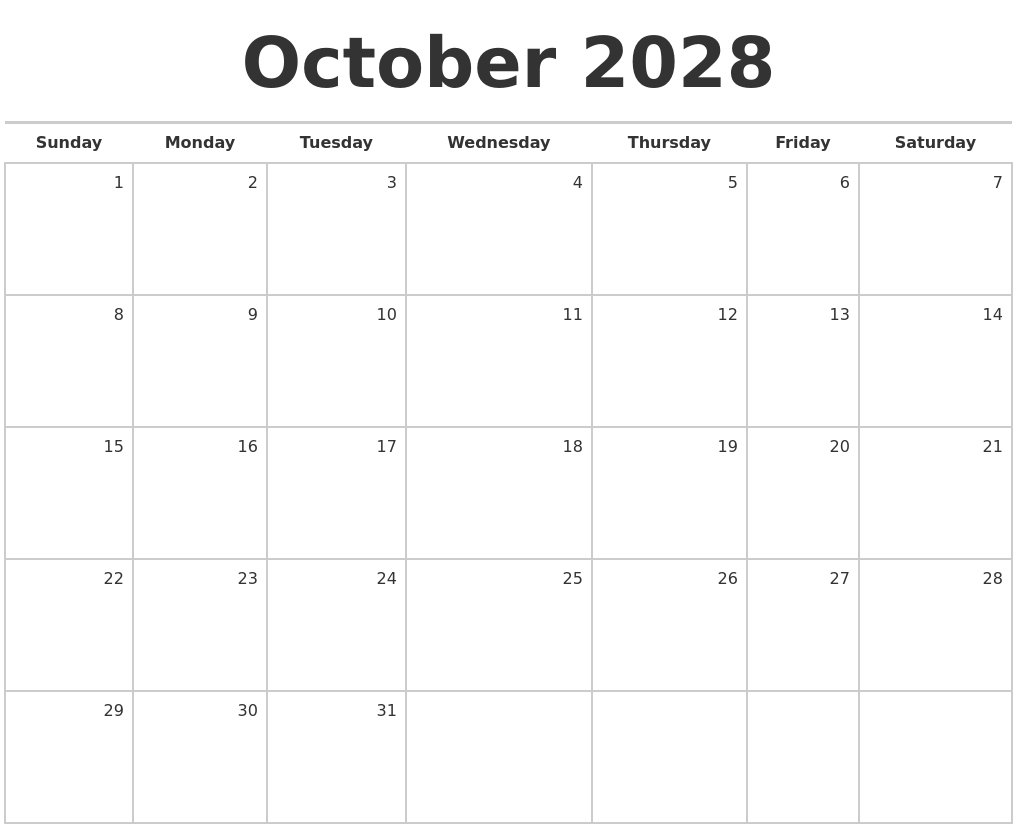 October 2028 Blank Monthly Calendar