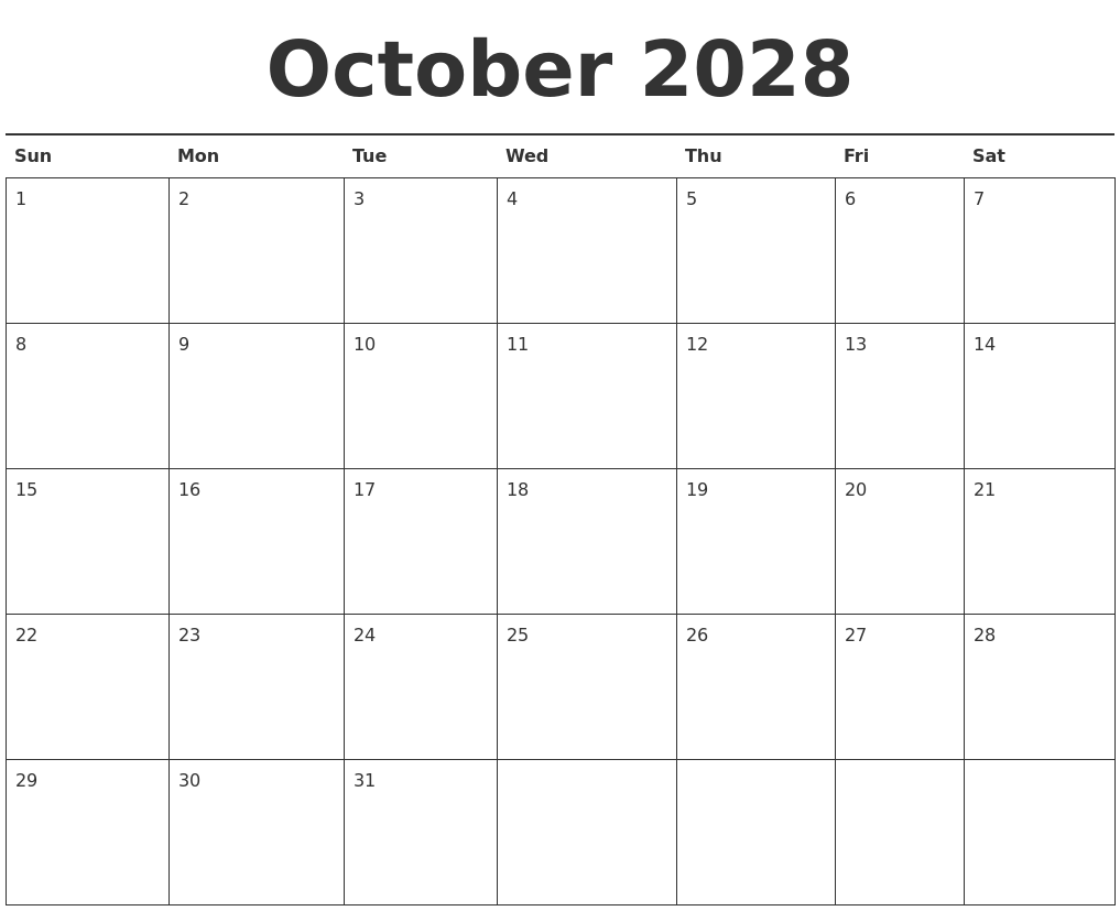 October 2028 Calendar Printable