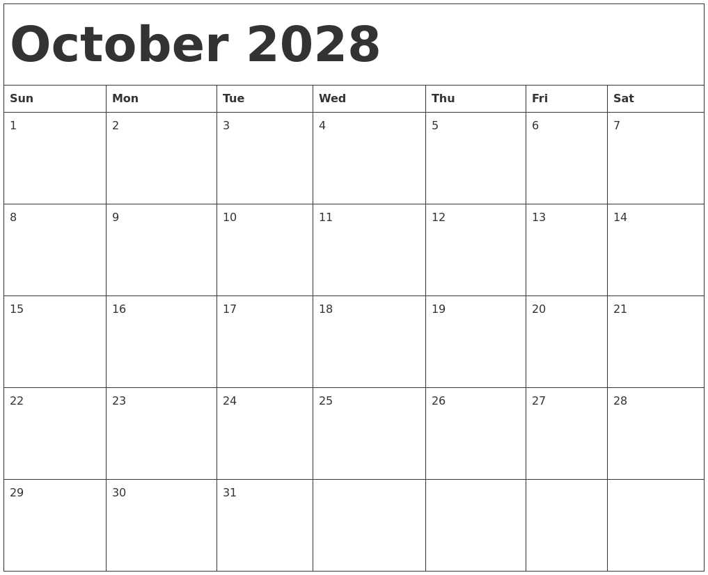 October 2028 Calendar Template