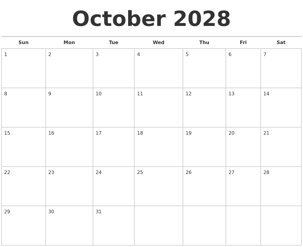 October 2028 Calendars Free