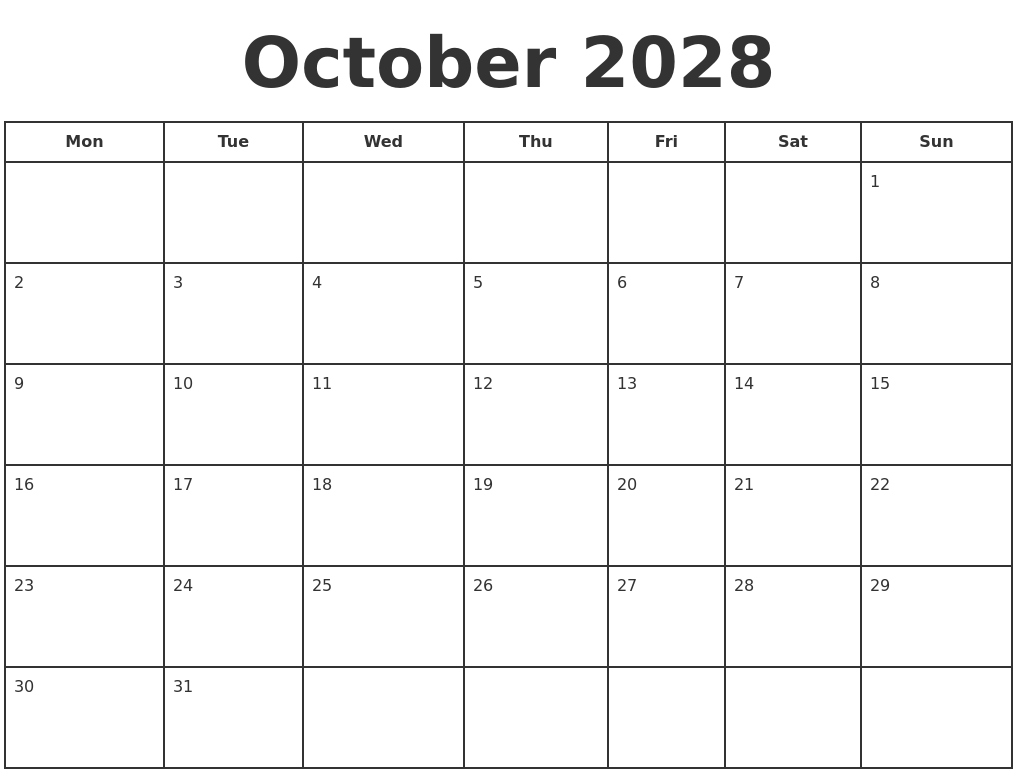 October 2028 Print A Calendar