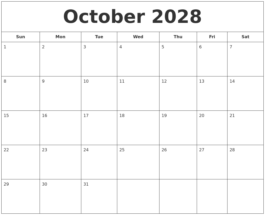 October 2028 Printable Calendar