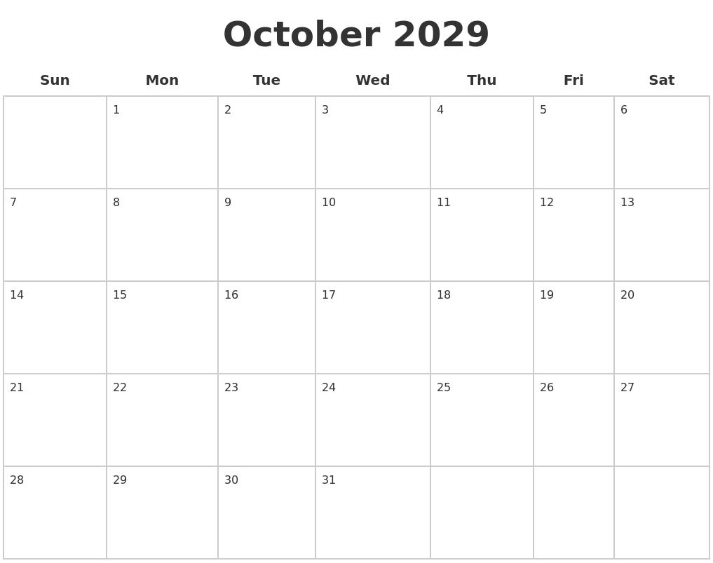 October 2029 Blank Calendar Pages