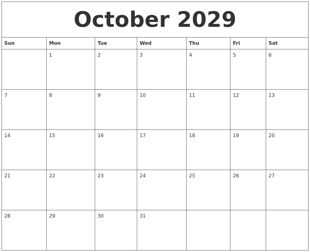 October 2029 Blank Monthly Calendar Template