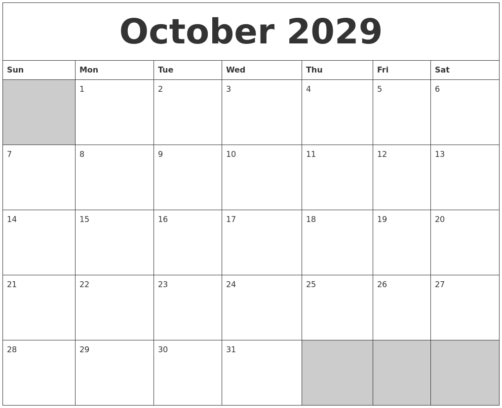 October 2029 Blank Printable Calendar
