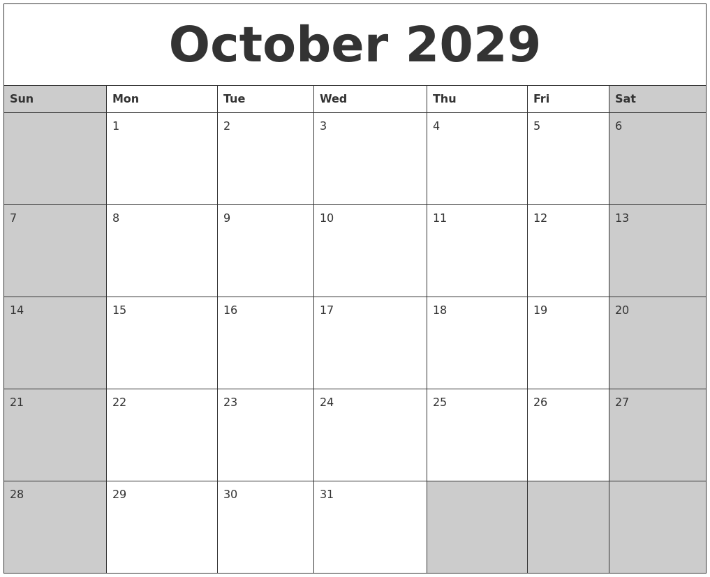 October 2029 Calanders