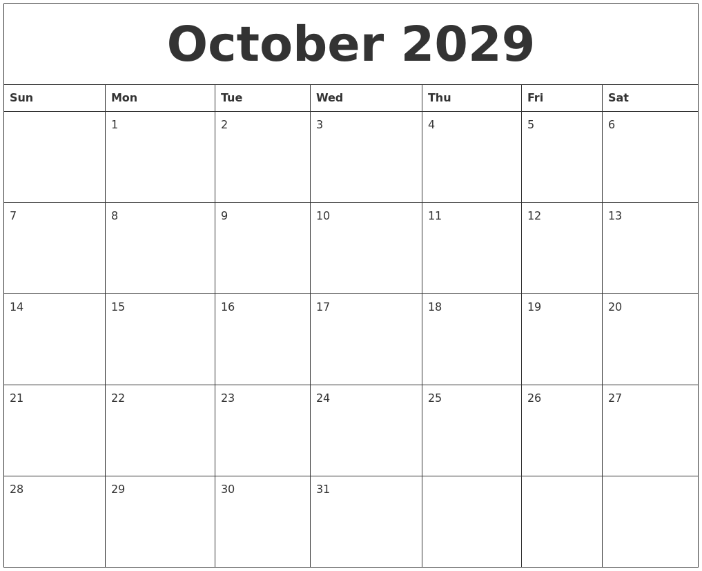 October 2029 Calendar Month