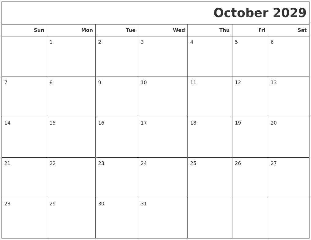 October 2029 Calendars To Print
