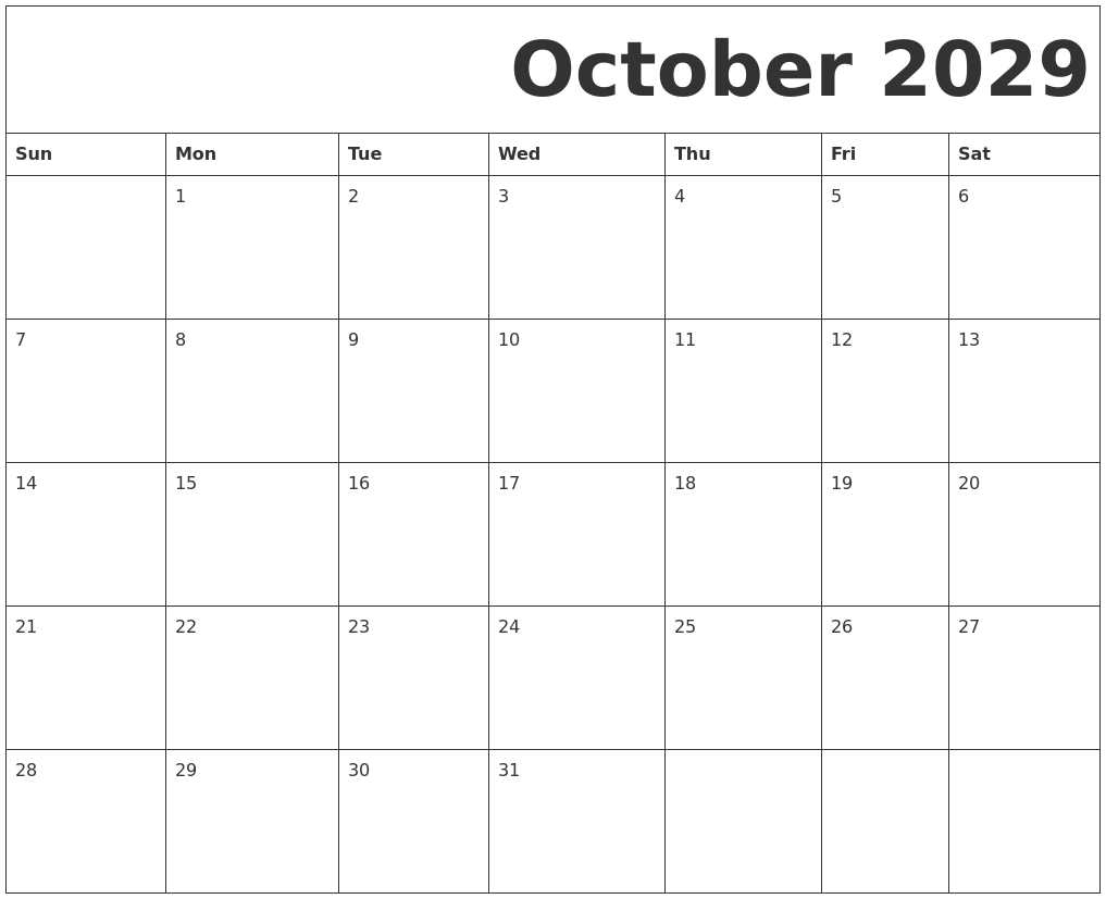 October 2029 Free Printable Calendar