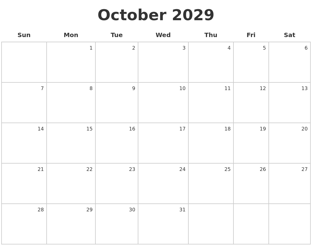 October 2029 Make A Calendar