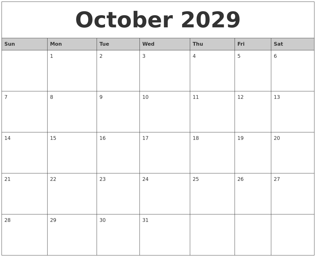 October 2029 Monthly Calendar Printable