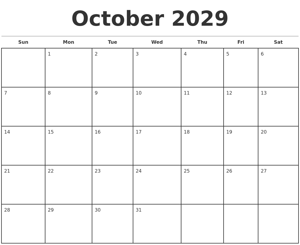 October 2029 Monthly Calendar Template