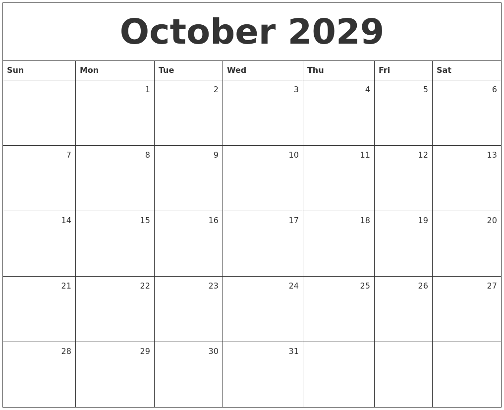October 2029 Monthly Calendar