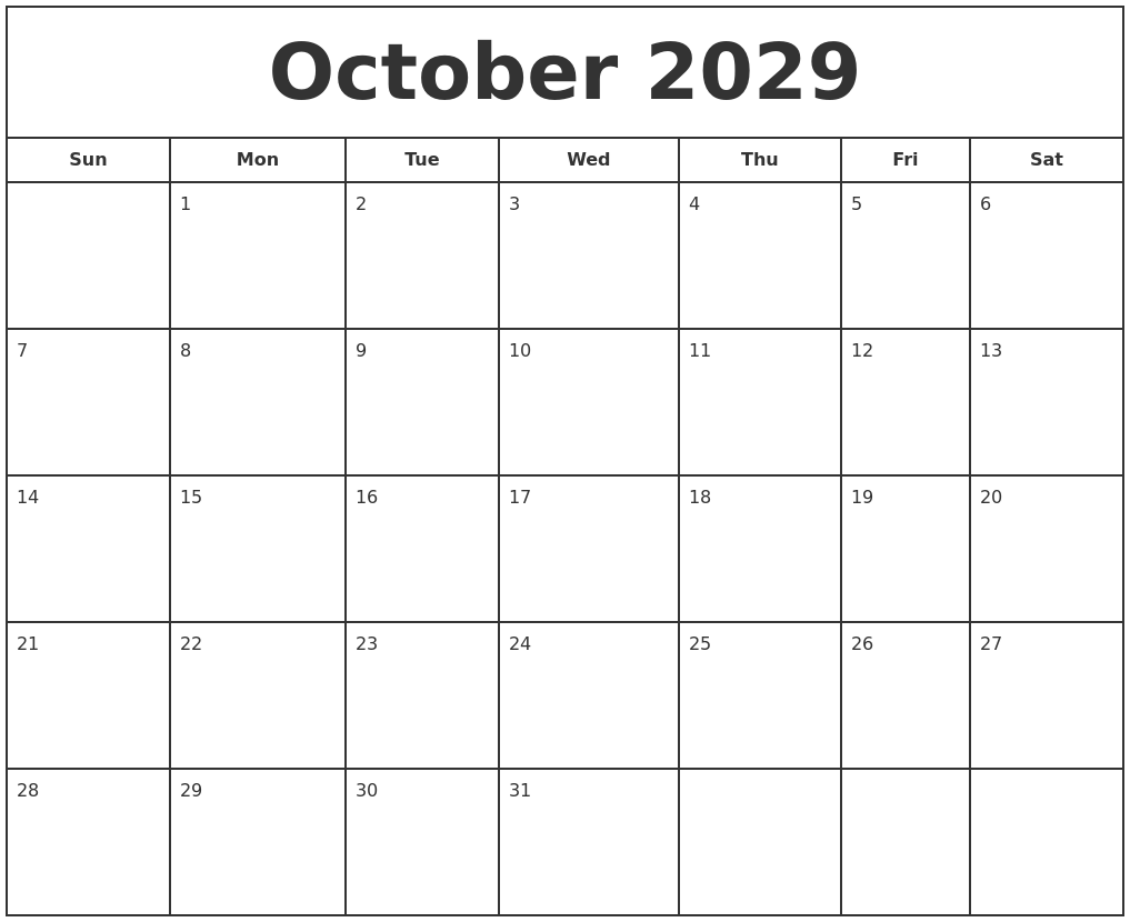 October 2029 Print Free Calendar
