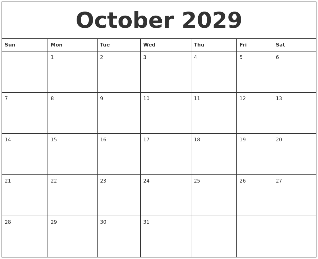October 2029 Printable Monthly Calendar