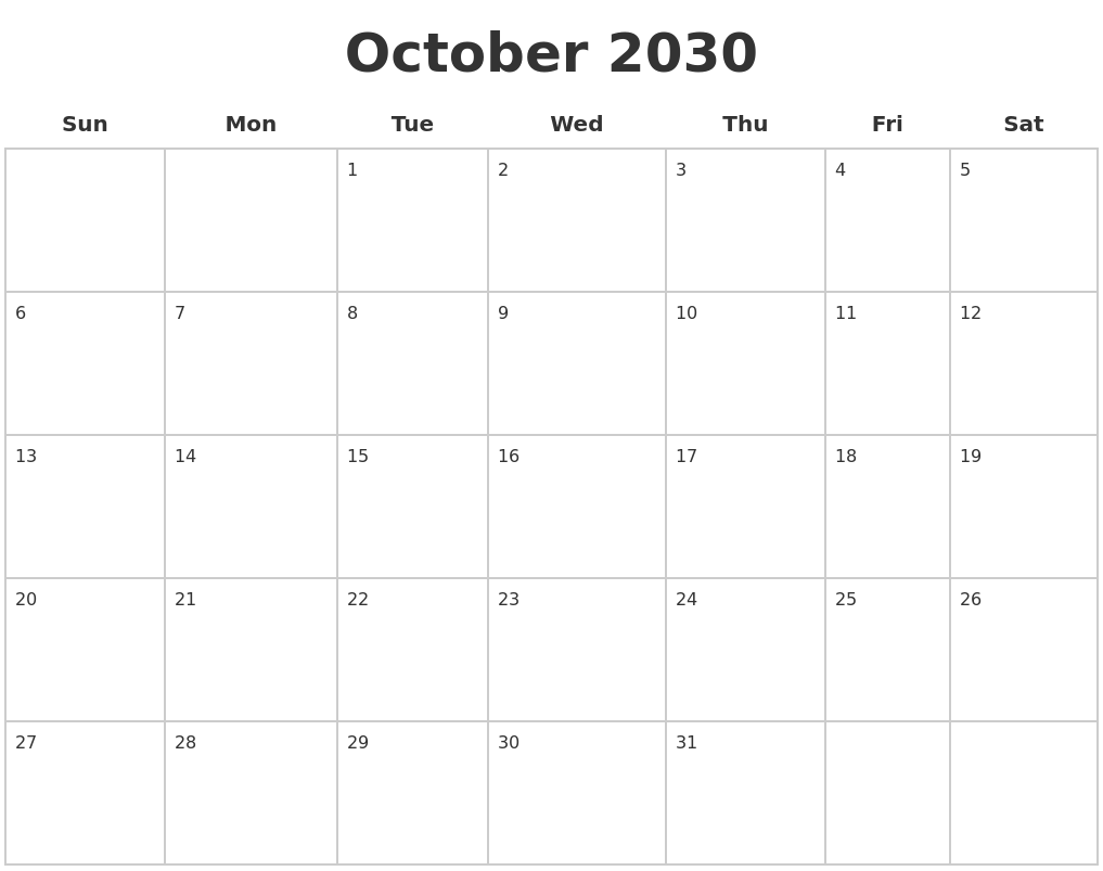 October 2030 Blank Calendar Pages