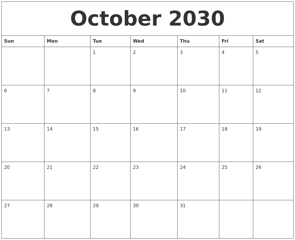 October 2030 Blank Monthly Calendar Template