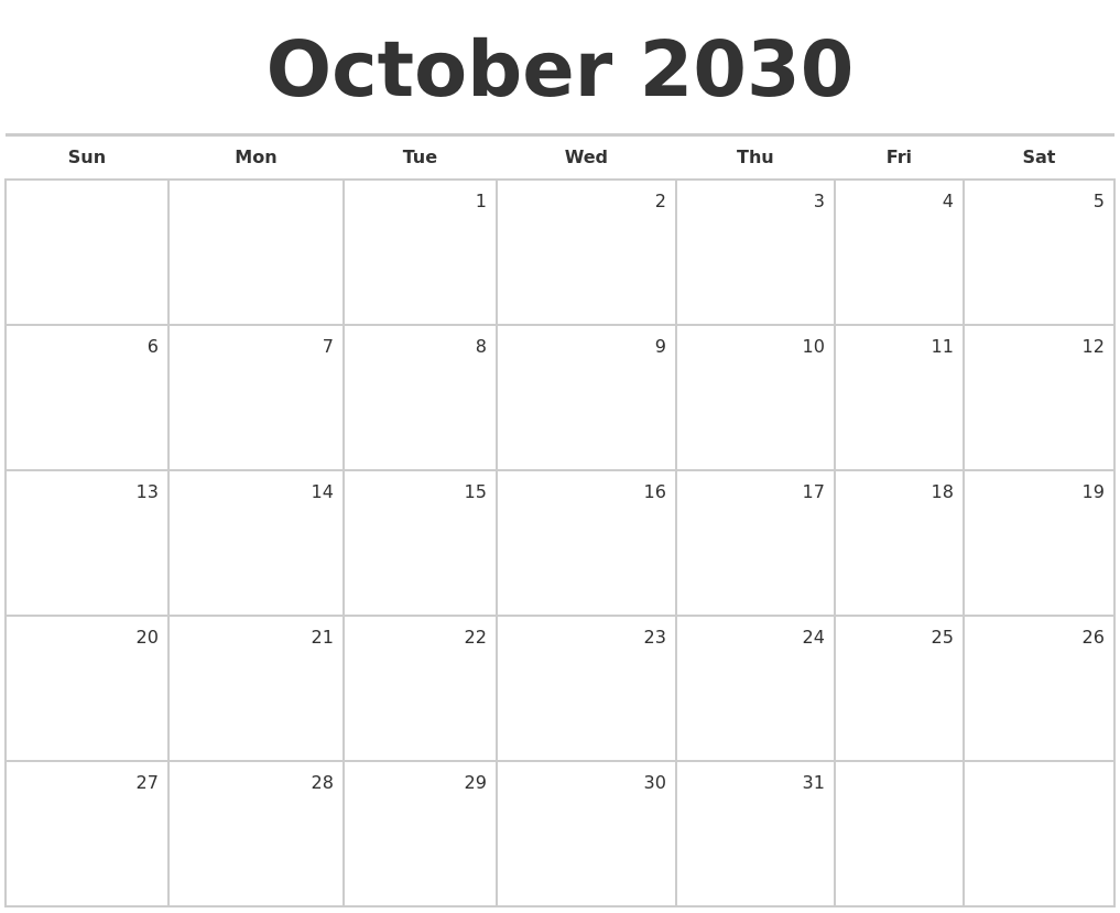October 2030 Blank Monthly Calendar