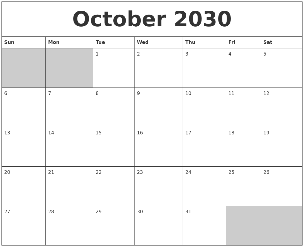 October 2030 Blank Printable Calendar