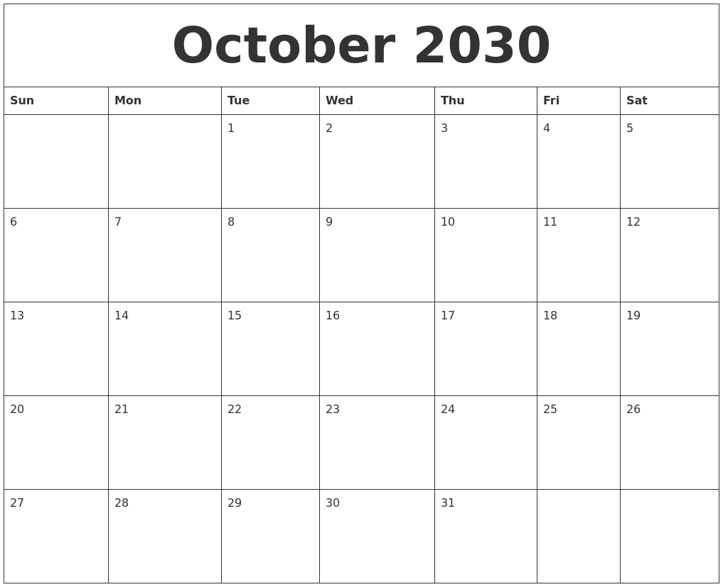 October 2030 Calendar Templates Free