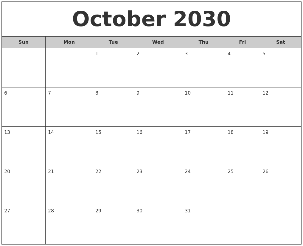 October 2030 Free Monthly Calendar