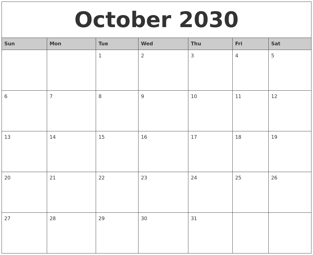 October 2030 Monthly Calendar Printable