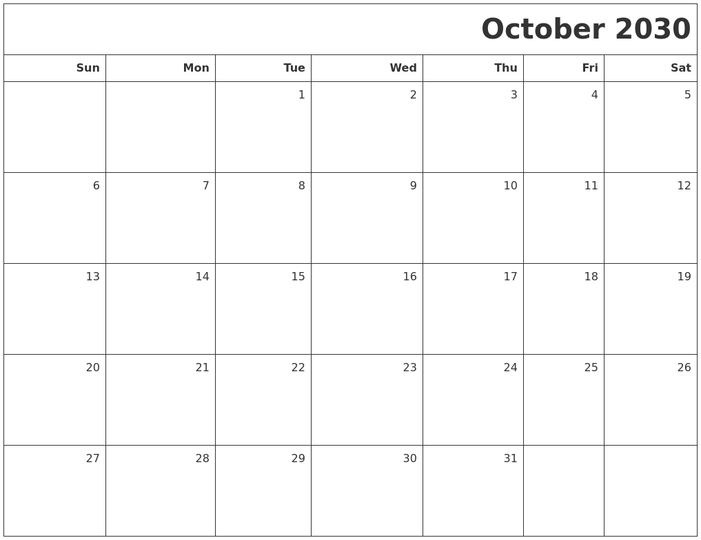 October 2030 Printable Blank Calendar