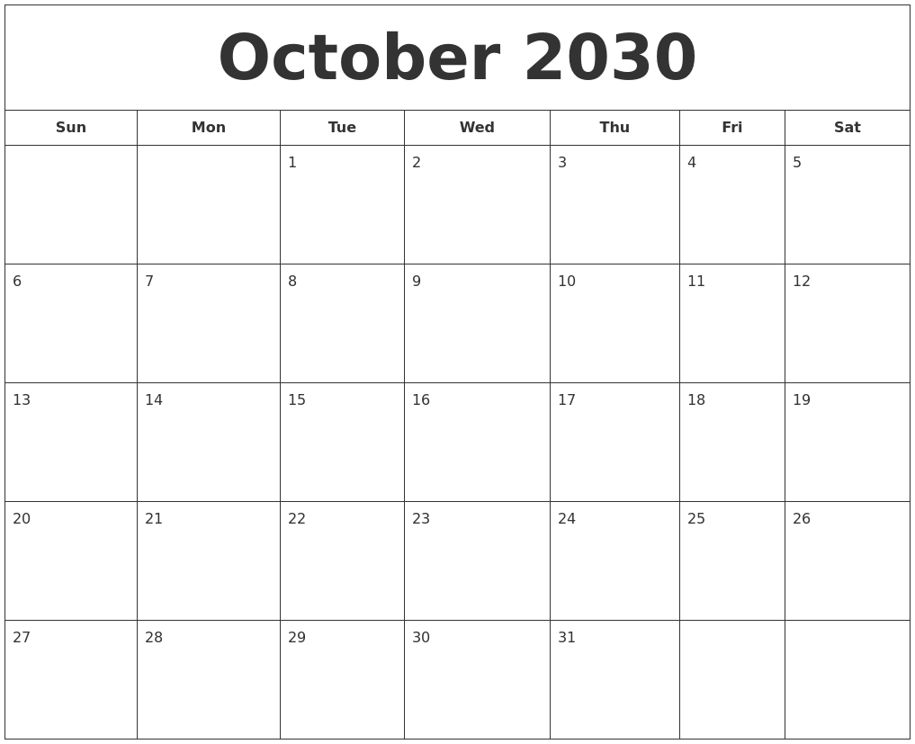 October 2030 Printable Calendar
